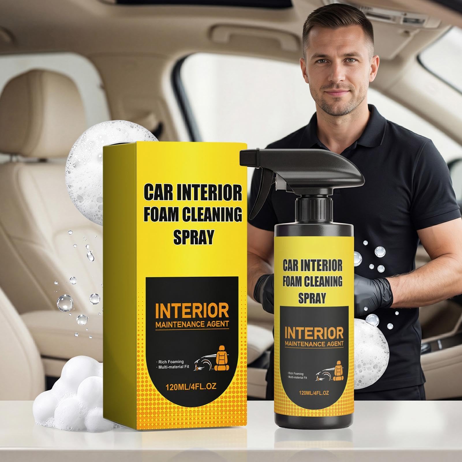 Limpiador de Salpicadero de Coche 120 ml Quitamanchas en Espuma | Limpiador de Espuma para Coches Limpiador de Tapicería, Asientos, Alfombras y Salpicadero