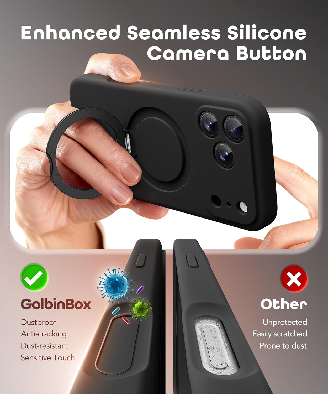 GolbinBox for iPhone 17 Pro Case with 360° Spin Magnetic Stand, [Compatible with MagSafe][Full Camera Protection], Full Body Shockproof Liquid Silicone Case with Ring Kickstand for 17 Pro 6.3'', Black - Image 6