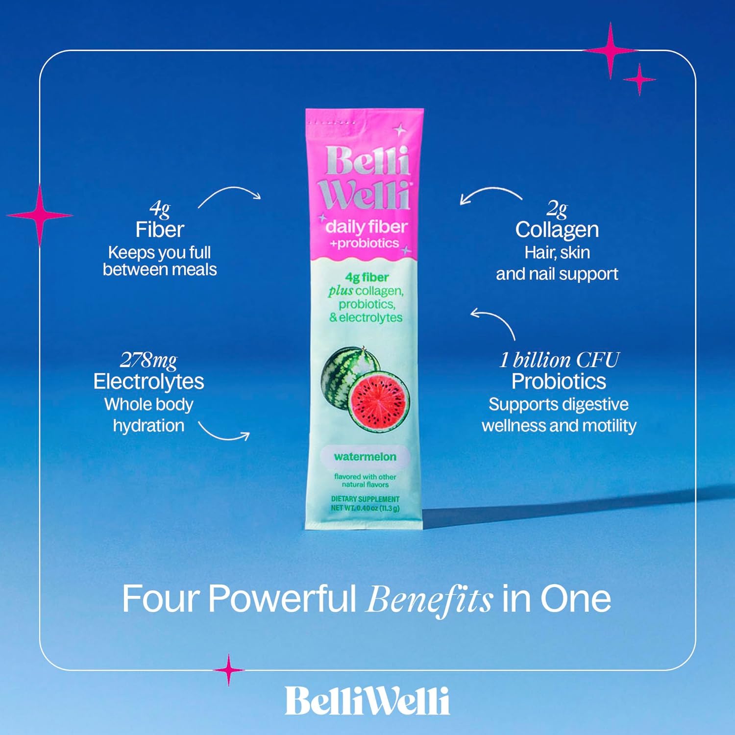 Belli Welli Daily Fiber Supplement Packets with Collagen, Probiotics & Electrolytes | Single Serve Packets for Gut Health, Digestion & Debloating | Watermelon | 10 Count - Image 3