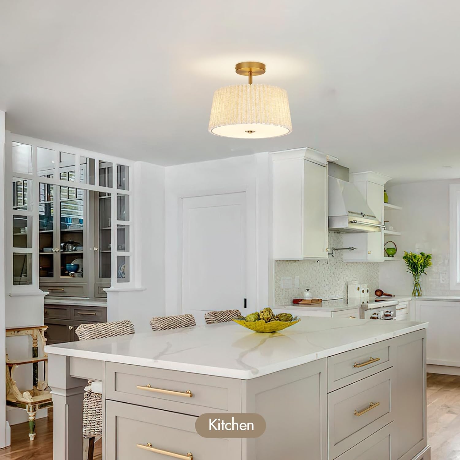 13 Inch Linen Pleated Semi Flush Mount Ceiling Light Fixture, Modern Cone Drum Dimmable Lamp for Bedroom, Kitchen, Dining Room, Hallway, Nursery, Entryway, Foyer Lighting, Gold