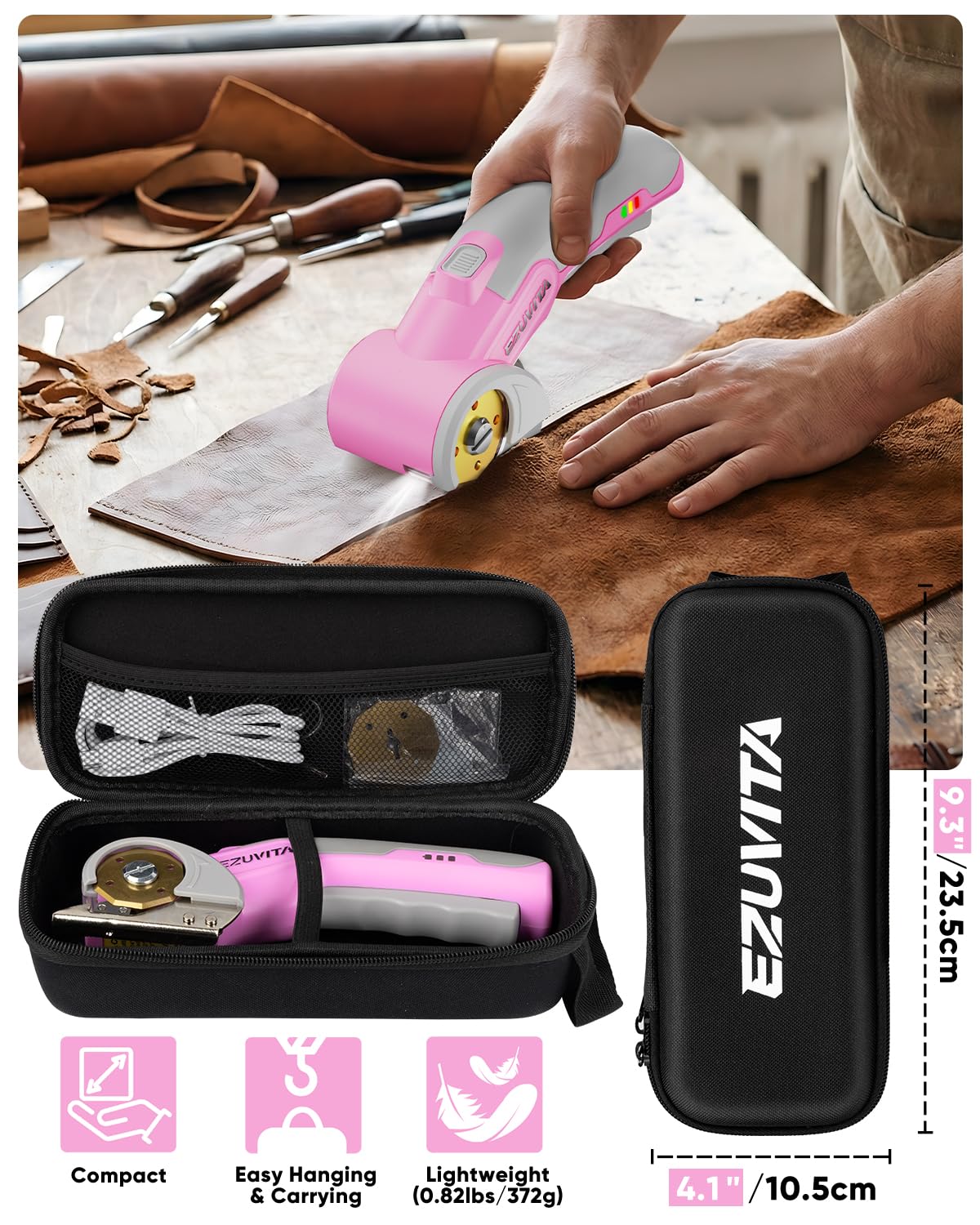 Ciseaux Électriques sans Fil 4V avec Lumière LED, Ciseaux Électriques avec Clé, Sac de Rangement et Lame de Rechange Revêtue de Titane pour Tissu, Cuir, Tapis et Plastique (Rose)