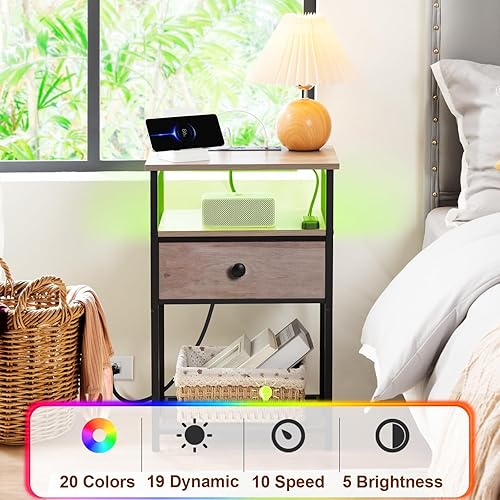 Miniatura 5 de Juego de 2 mesitas de noche LED con estación de carga, mesas auxiliares para sala de estar con cajón de tela para espacios pequeños, mesas