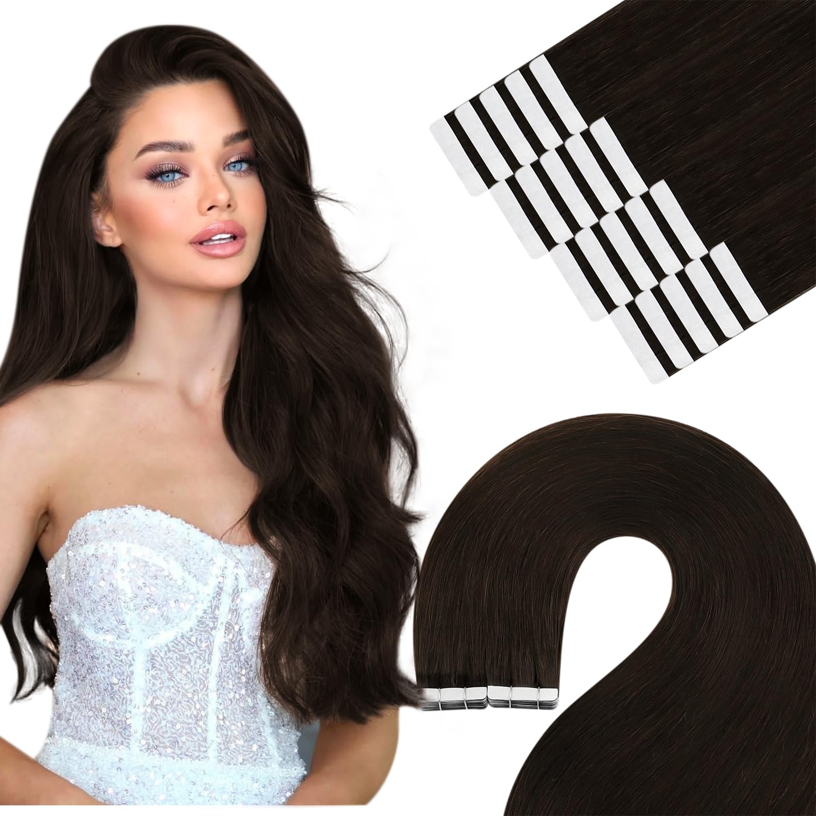 YoungSee Tape in Hair Extensions Dark Brown Invisible Tape on Real Extensions Human Hair Brown Silky Straight Hair Tape-in 20In 20pcs 50g