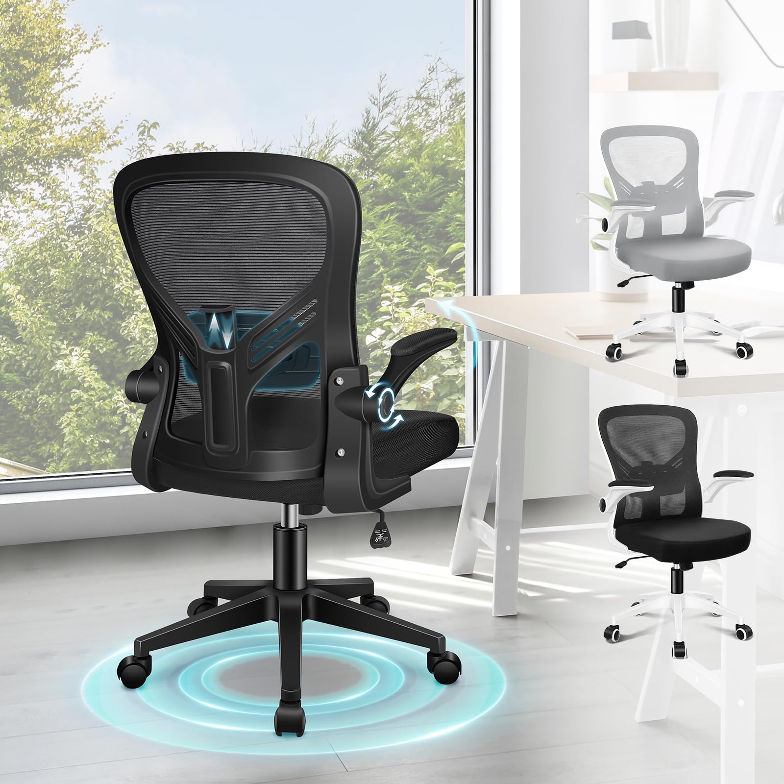 ELFORDSON Mesh Office Chair with Adjustable Lumbar Support, Mid-back Ergonomic Desk Chairs for Home Office, Height Adjustable Swivel Computer Chair with Flip-up Armrest, Tilt Function, Black