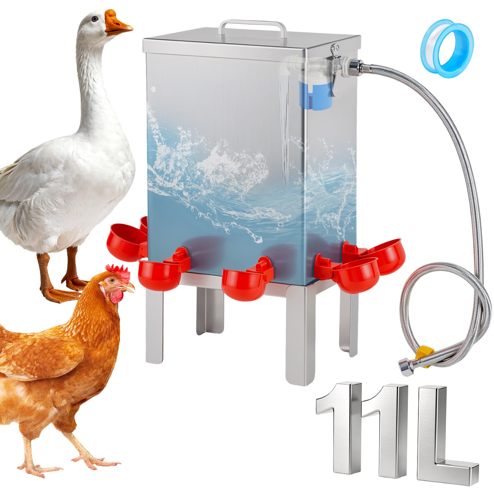 Abbeveratoio Automatico per Pollame in Acciaio Inossidabile 10L, con Valvola a Galleggiante, Ciotole, Supporto da Pavimento e Tubo | Adatto a Polli, Quaglie, Anatre, Oche e Tacchini