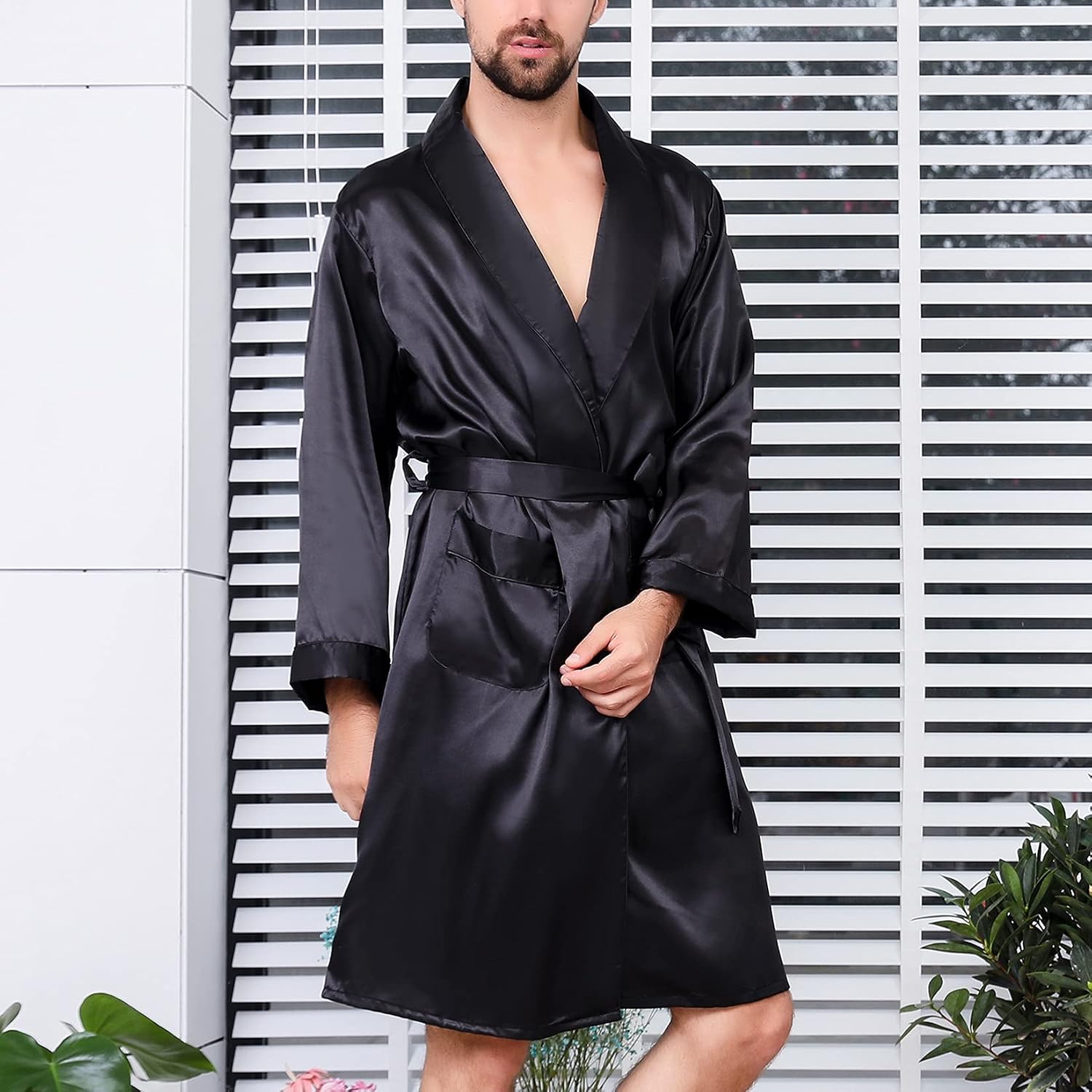 Lu's Chic Men's Satin Pajama Set Silk Robe Boxer Underwear Long Sleeves Pockets Loungewear Kit