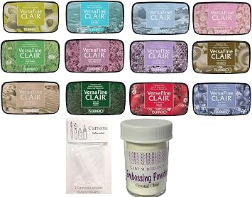 Tsukineko Versafine Clair Ink Pads, Released 2024, 12 Colors, 1 oz Gary Burlin Clear Embossing Powder, 3 Carnora Scoops