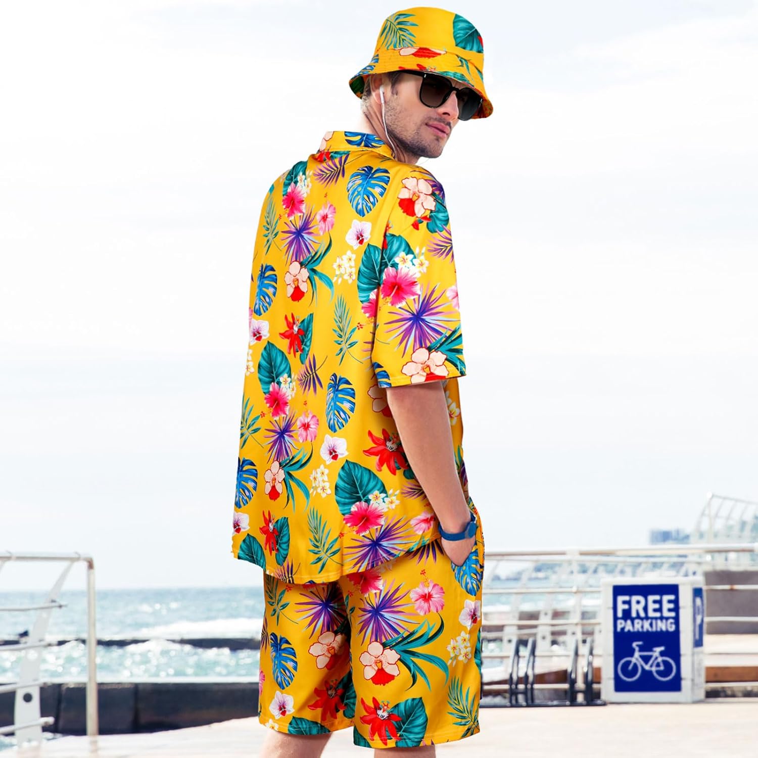 Harloon 4Pc Men's Hawaiian Shirt and Short Set Casual Button Down Flower Outfits with Bucket Hat Sunglasses Halloween Tourist - Image 2