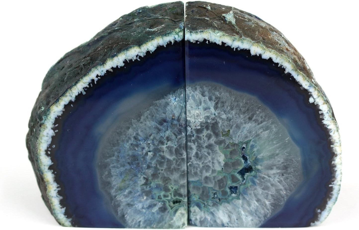 Crystal Allies Gallery: Pair of Small 1lb - 3lbs Polished Agate Geode Halves Bookends w/Authentic Crystal Allies Stone Card (Blue)