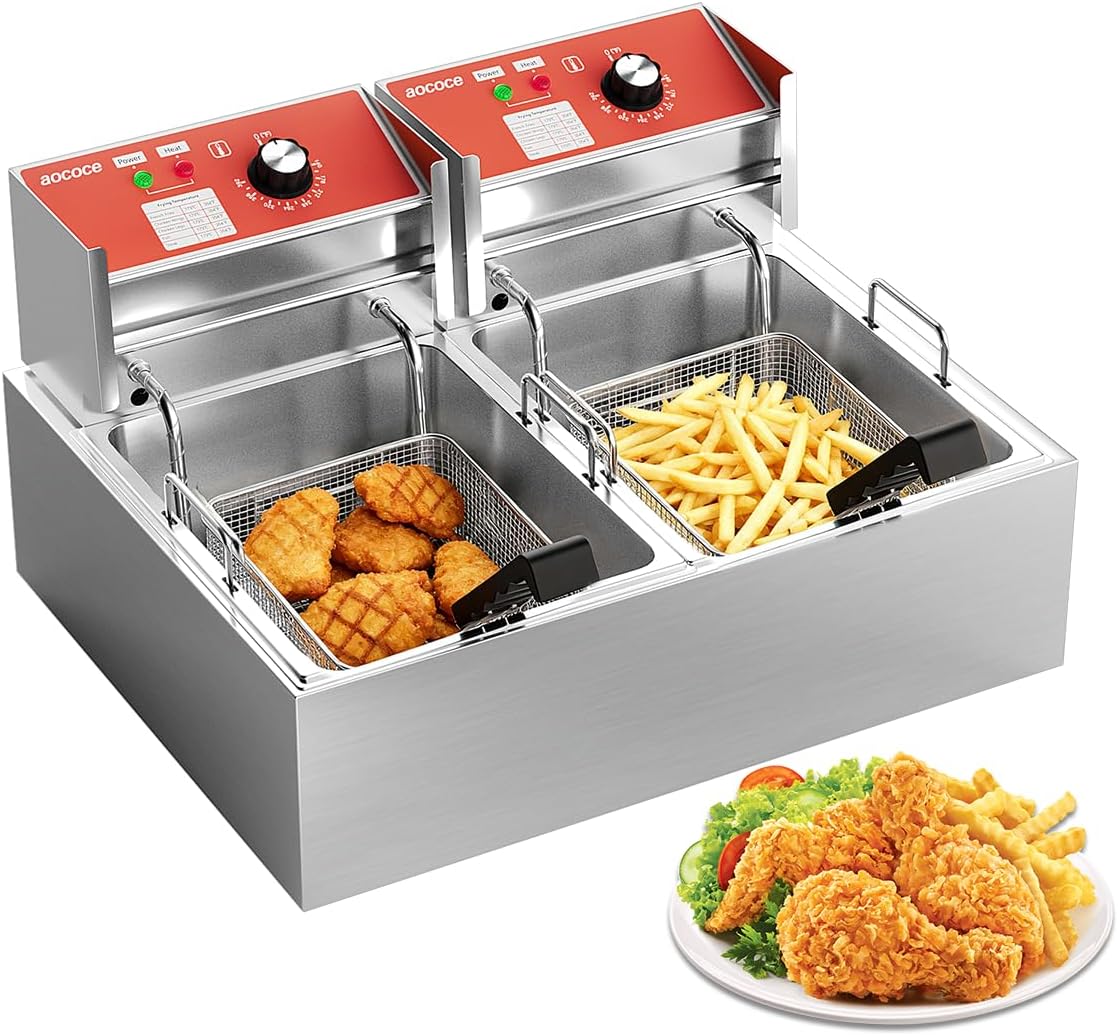 6L+6L (6.34QT+6QT) Double Basket Electric Deep Fryers - 3400W Stainless Steel, Temp Control, Easy Clean, Dual Fryers for Restaurants