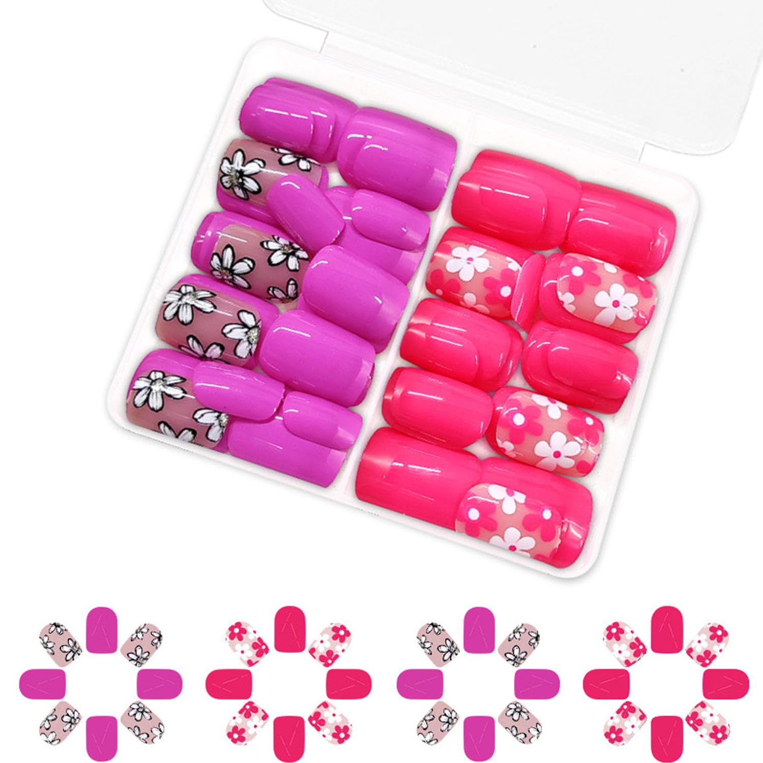 48Pcs Flower Press on Nails Kit - Short Square Fake Nails with Cute Multi-Color Floral Designs Glossy Solid Color False Nails Spring Press ons Flower