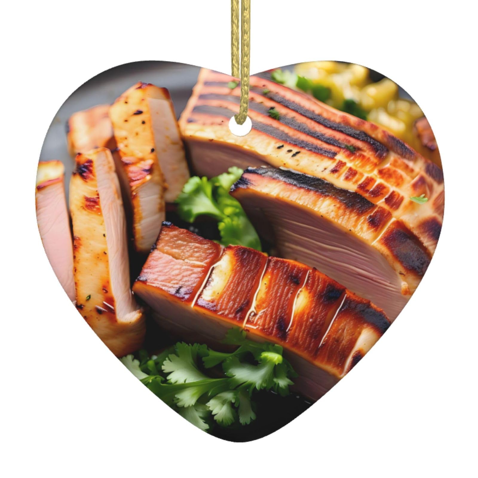 Golden Roast Ceramic Christmas Heart Pendant with Silk Thread, Christmas Tree Home Decoration