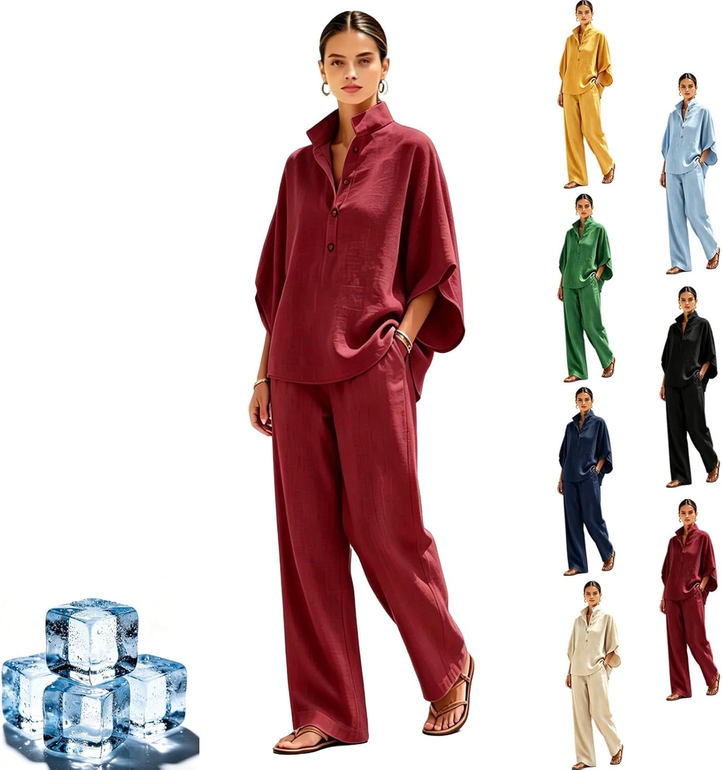 Casual Batwing Sleeve Linen and Cotton Shirt and Trousers Two-Piece Set, Women’s Batwing Sleeve Linen Cotton Two-Piece Set