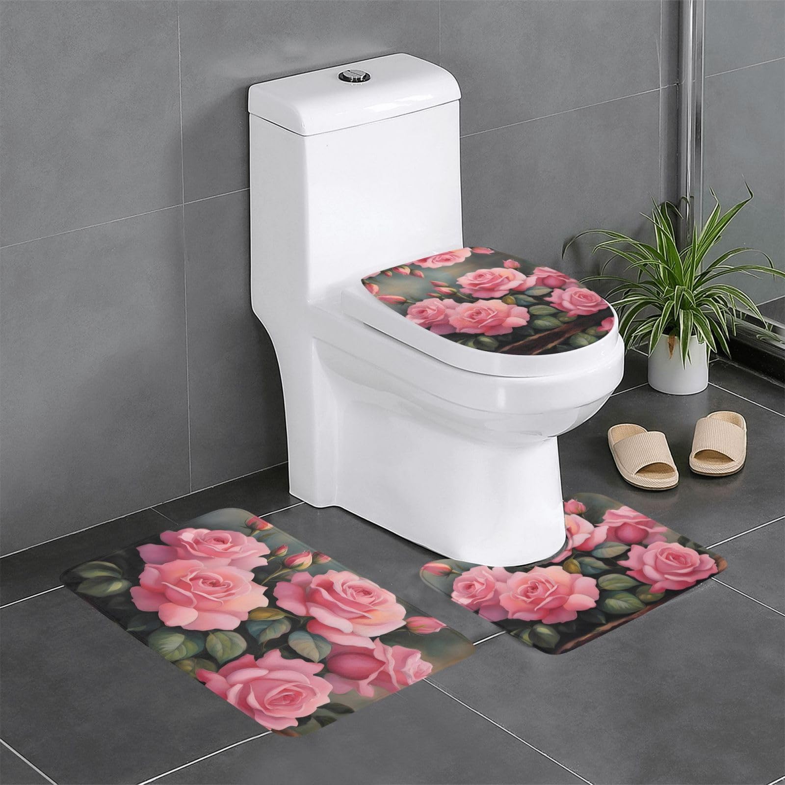 Tapis de salle de bain lot de 3 antidérapant avec motif roses pour toilettes et coiffeuse