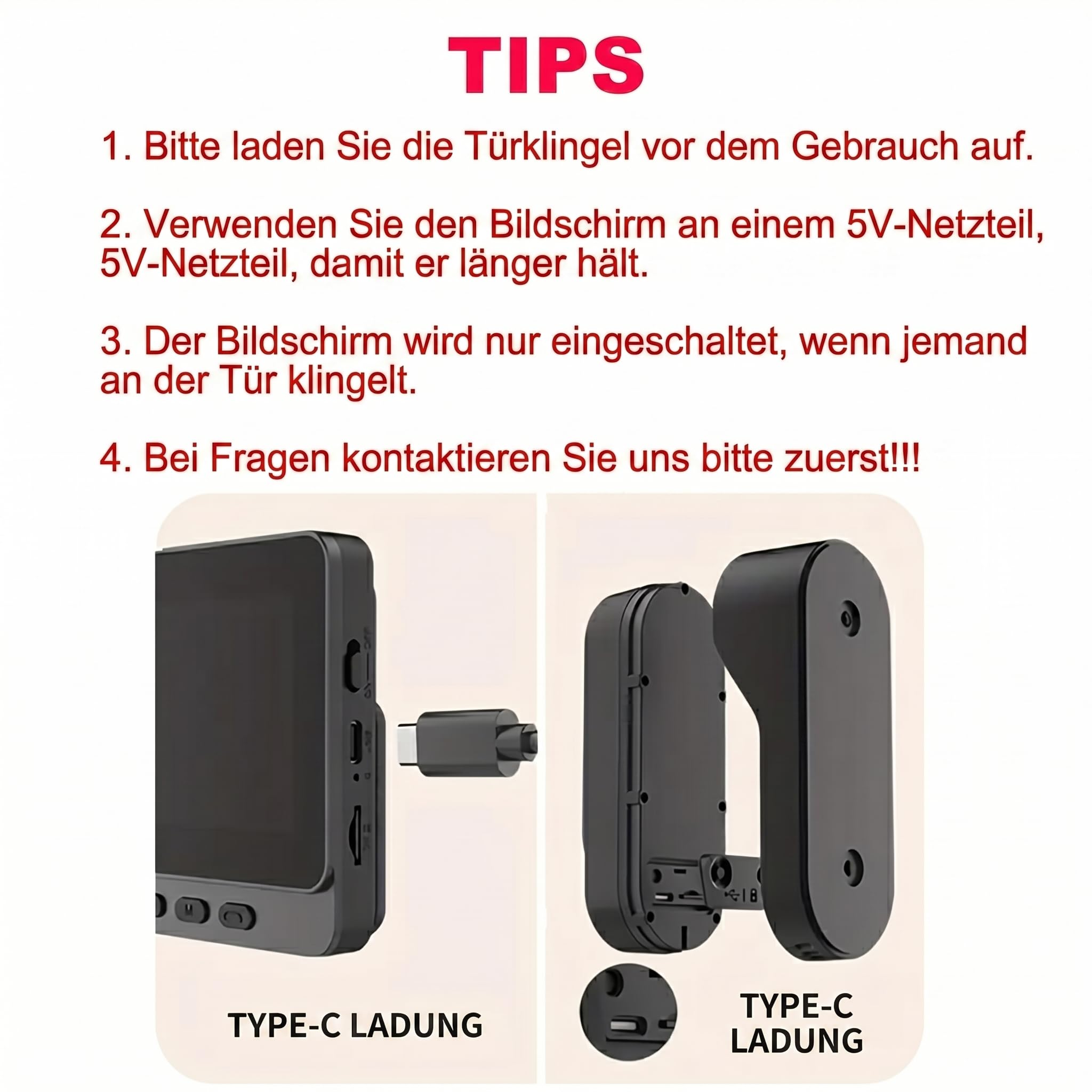 Drahtlose Video Türklingel mit Kamera Outdoor IP65 Wasserdicht 1080P kabellose Türklingel 4,3 Zoll IPS Bildschirm Türklingel Funk 170° HD Kamera Gegensprechanlage Infrarot Nachtsicht Zwei-Wege-Audio