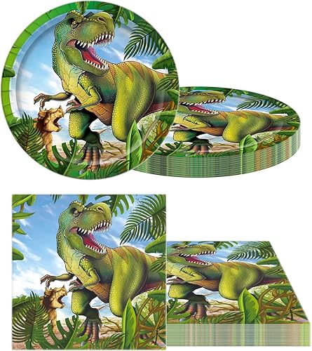 Miniatura 6 de Juego de vajilla de dinosaurio para fiesta de cumpleaños, platos temáticos jurásicos, servilletas, mantel, vajilla de dinosaurio para niños y niños,