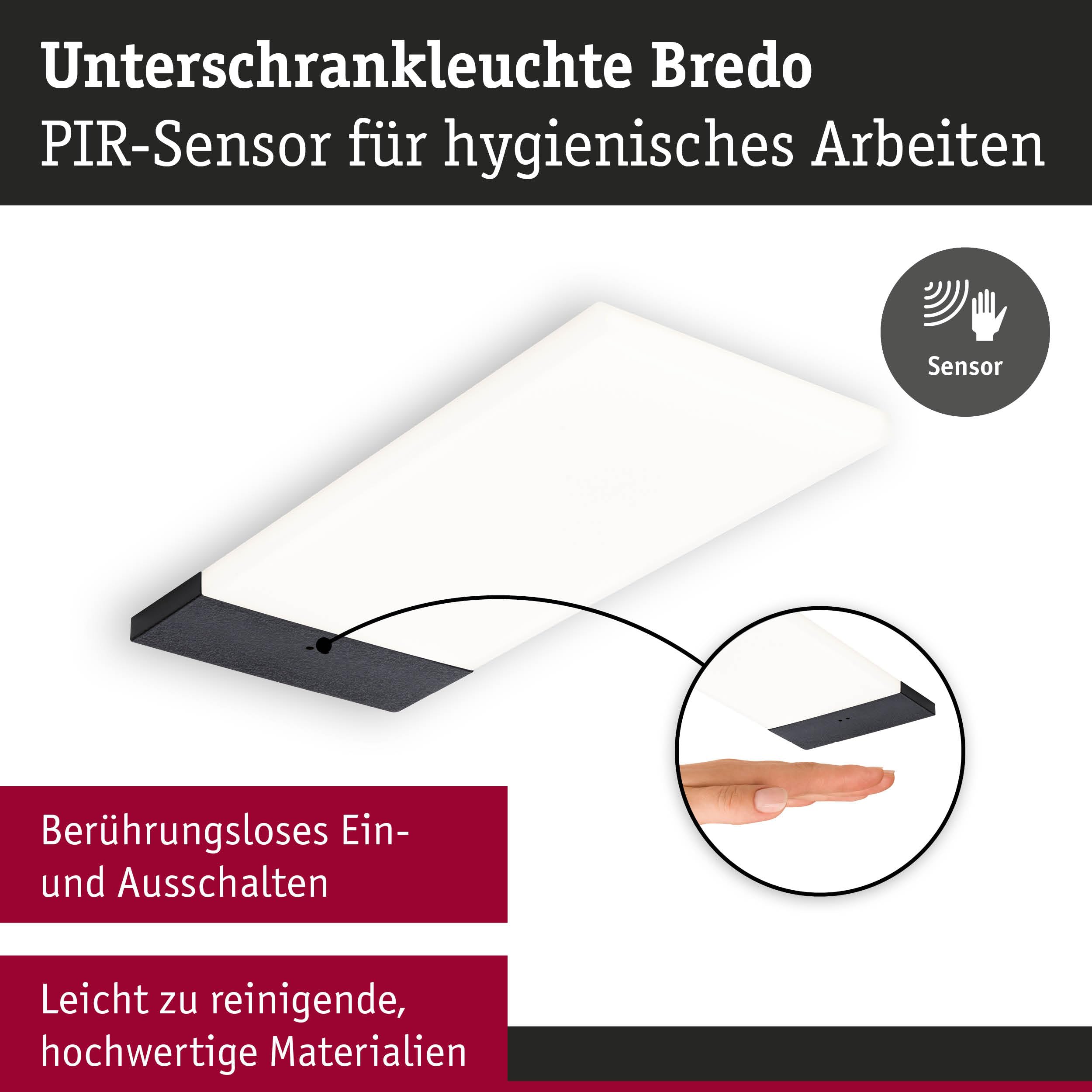 Paulmann 92124 LED Unterschrankleuchte Bredo inkl. Näherungsensor 3er-Set 4000K 2,5W 80x190mm 180lm Schwarz Möbelaufbauleuchte
