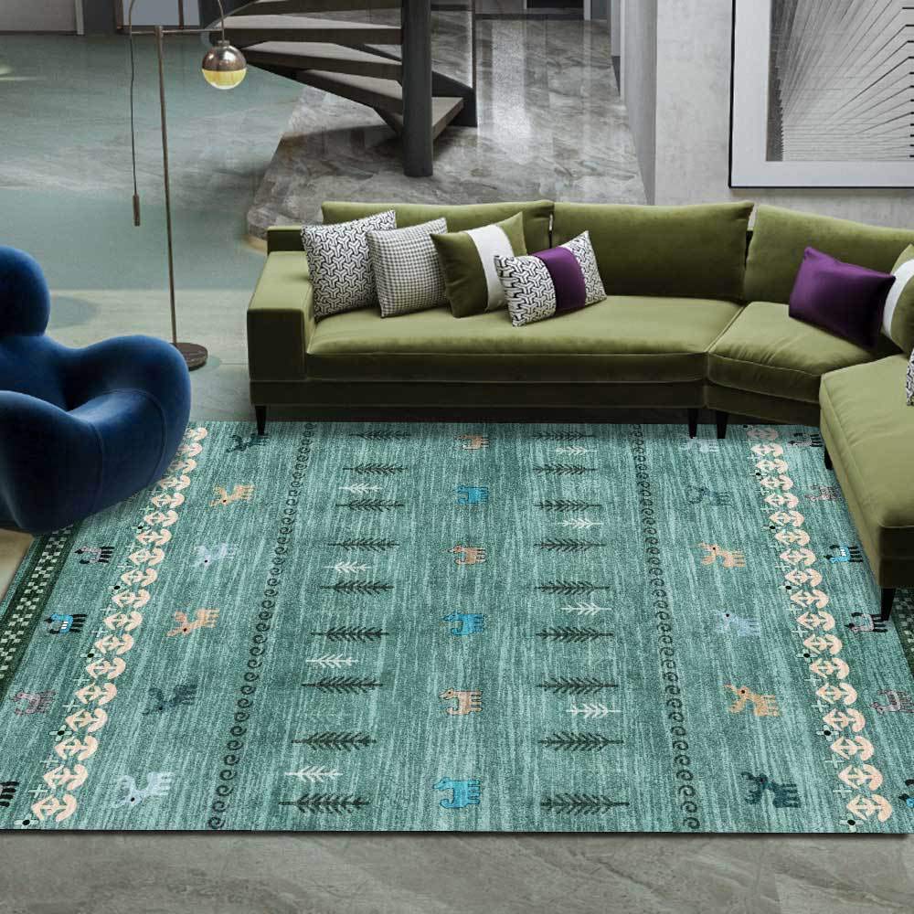 Tapis de salon 110x190 cm lavable bleu à motif ethnique poils courts