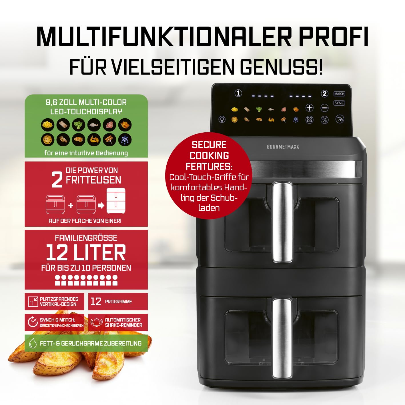 GOURMETmaxx FryUp XL vertikale Doppelkammer Heißluftfritteuse mit Sichtfenster - 12 L | Airfryer mit 9,6 Zoll Multi-Colour LED-Touchdisplay & 12 Programmen | Heißluftfritteuse 2 Kammern mit Oberhitze