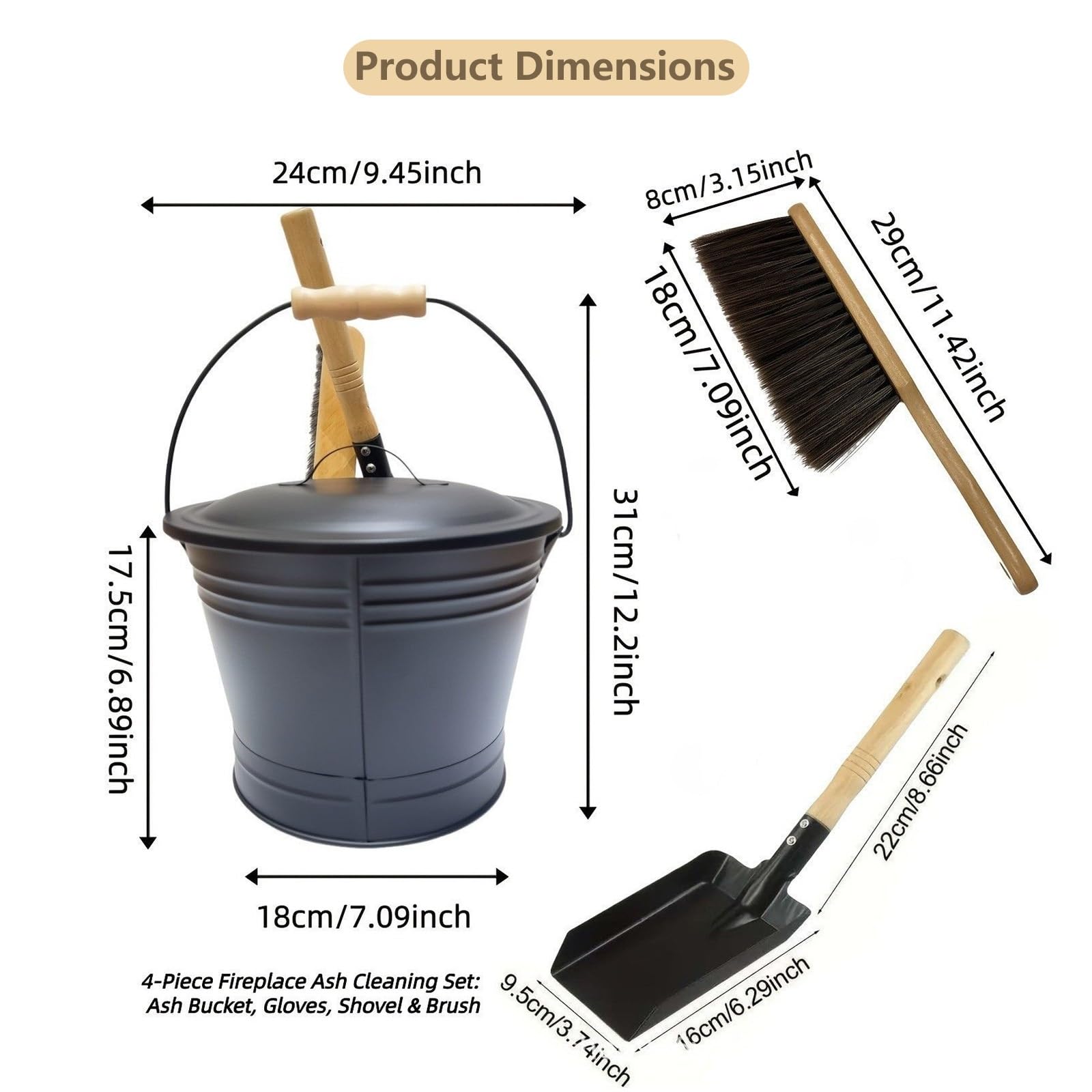 Secchio per Cenere Camino con Coperchio Materiale Metallico Grande capacità con Manico Accessori Camino Legna Resistente alle Alte Temperature