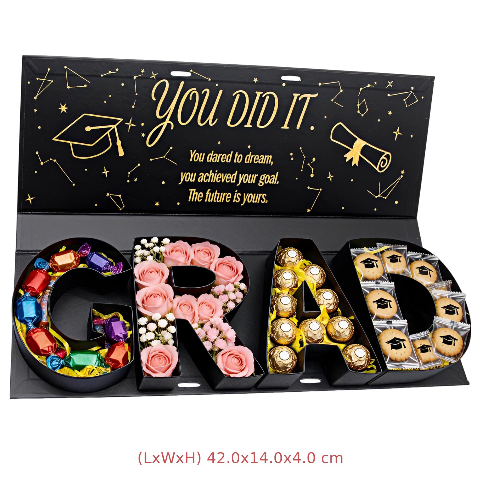 Geschenkbox zum Abschluss 2026, GRAD-Buchstabenform, befüllbare Box für Süßigkeiten und Blumen, DIY-Geschenkidee mit goldenem Glitzer-Congrats-Grad-Deckel und Band für Partydeko