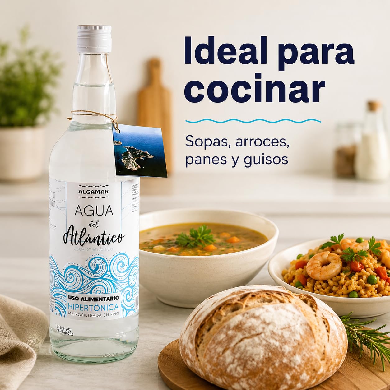 Pack 6 x Agua de Mar Algamar 1 L, hipertónica y microfiltrada en frío, agua marina del Atlántico para uso alimentario, 6 botellas de cristal para cocinar y recetas