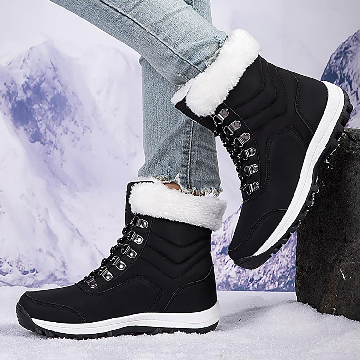 Womens Winter Snow Boots Warm Warm Fur Lined Mid Calf Boot Lace Up Waterproof Anti-Slip Ankle Booties Deep Tread Rubber Sole Boots Comfortable Walking Outdoor Shoes
