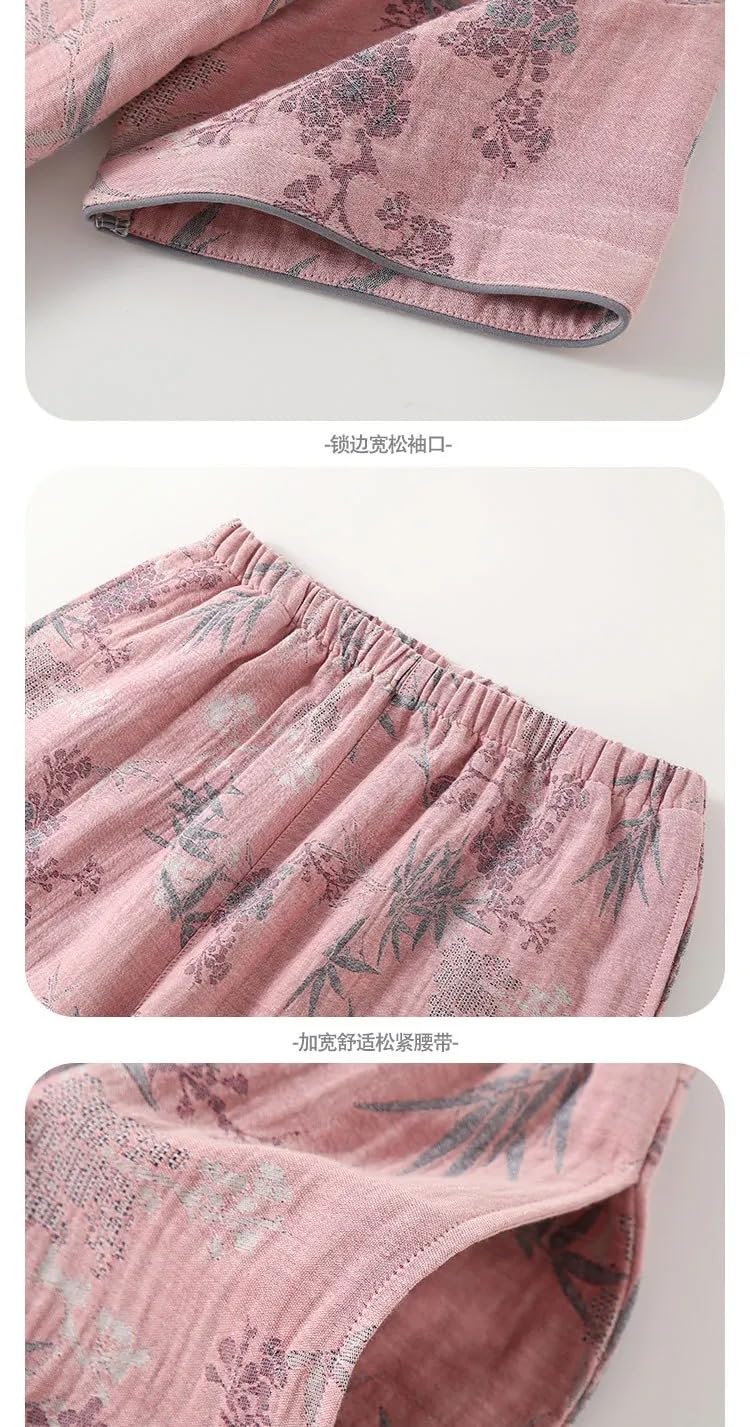 Ropa de dormir de algodón con estampado tradicional para mujer, primavera y verano, manga corta, pantalones largos, pijamas sueltos