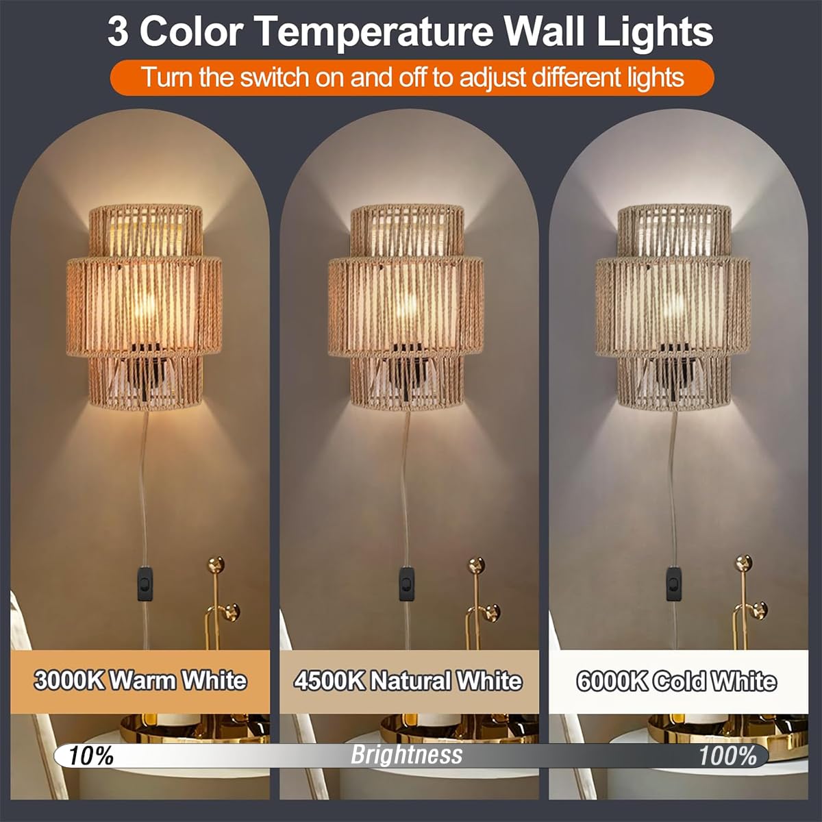 KZT Smarte RGB Wandleuchte Dimmbare mit 16 Millionen Farben Boho Rattan Wandlampe, Kompatibel mit Alexa & Google Assistant, Musik Sync, Wandbeleuchtung mit Fernbedienung, für Schlafzimmer (2 Stück)