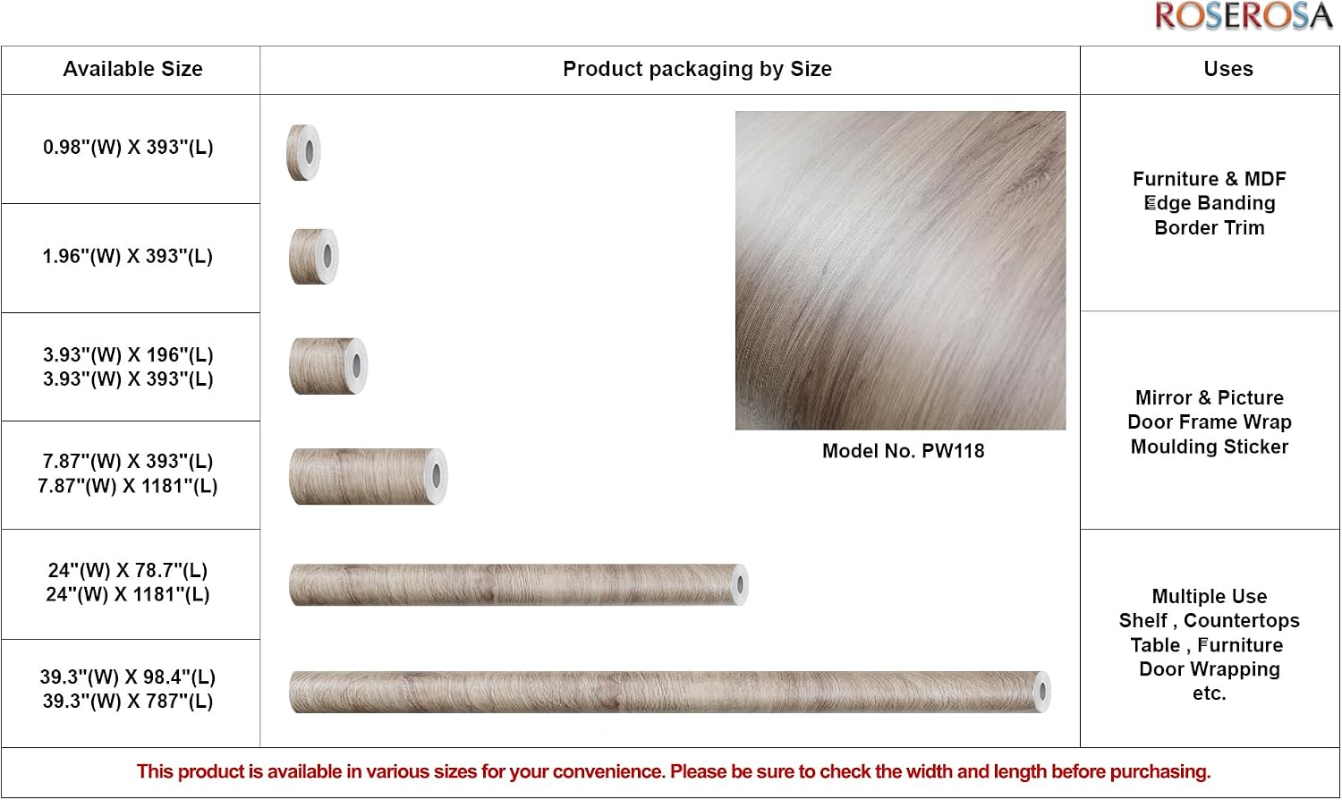ROSEROSA Peel and Stick Premium Faux Wood Architectural Film Self-Adhesive Vinyl Film Wallpaper Door Wrap Counter Top Border Mirror Molding Trim PW118