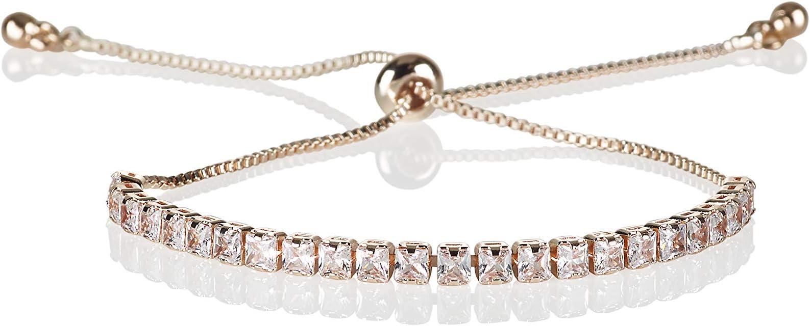 Adjustable Bracelets for Womens. Rose Gold Bracelets for Women with Clear Zirconia Stones. Delicate Rose Gold Bracelet for Women with Adjustable Bead Fastening.