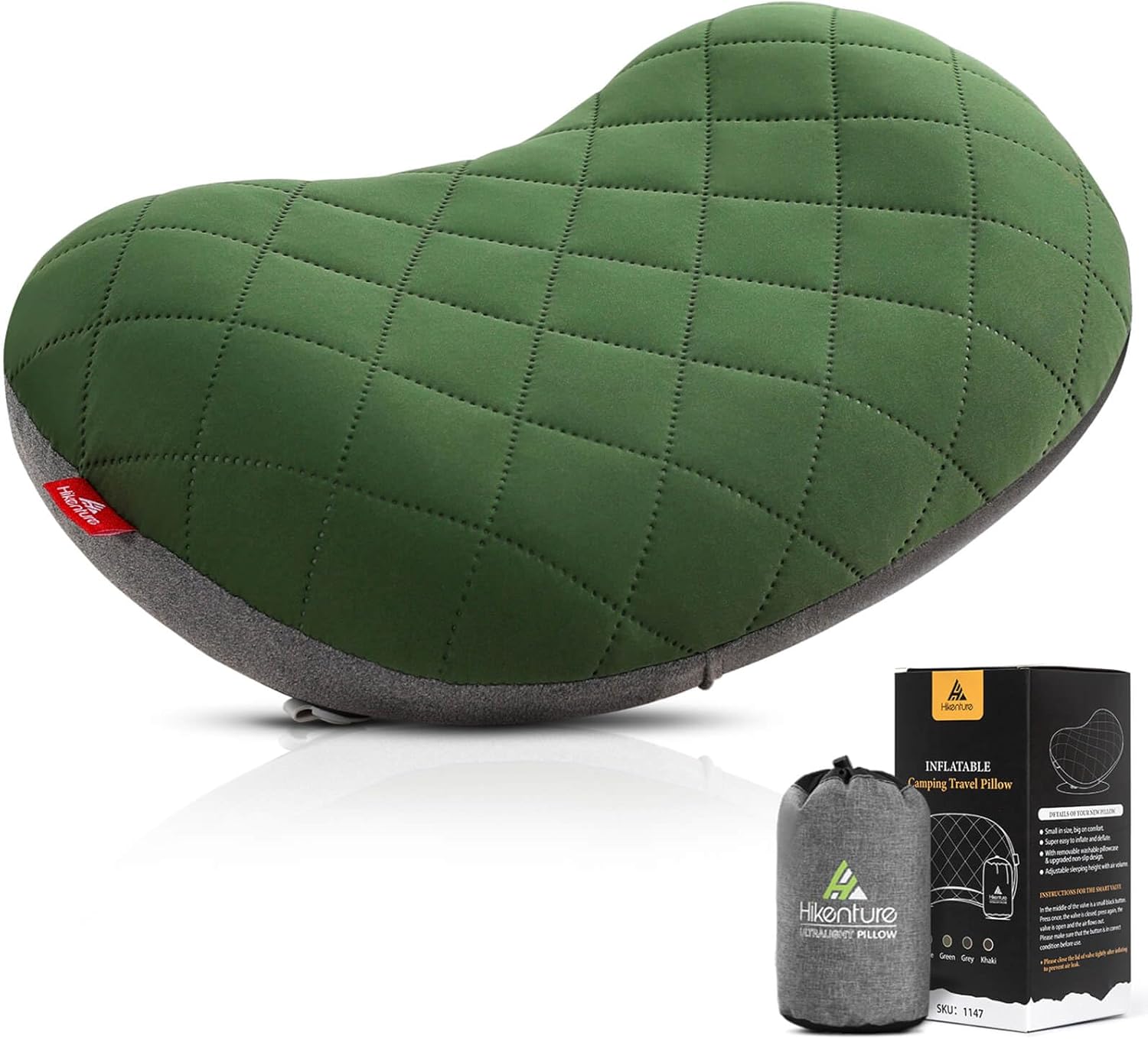HIKENTURE Camping Pillow-Ultralight Inflatable Pillow with Removable Cover-Comfortable Ergonomic Blow Up Pillow – Compressible Beach Pillow-Air Travel Pillow for Neck & Lumbar Support（Green）