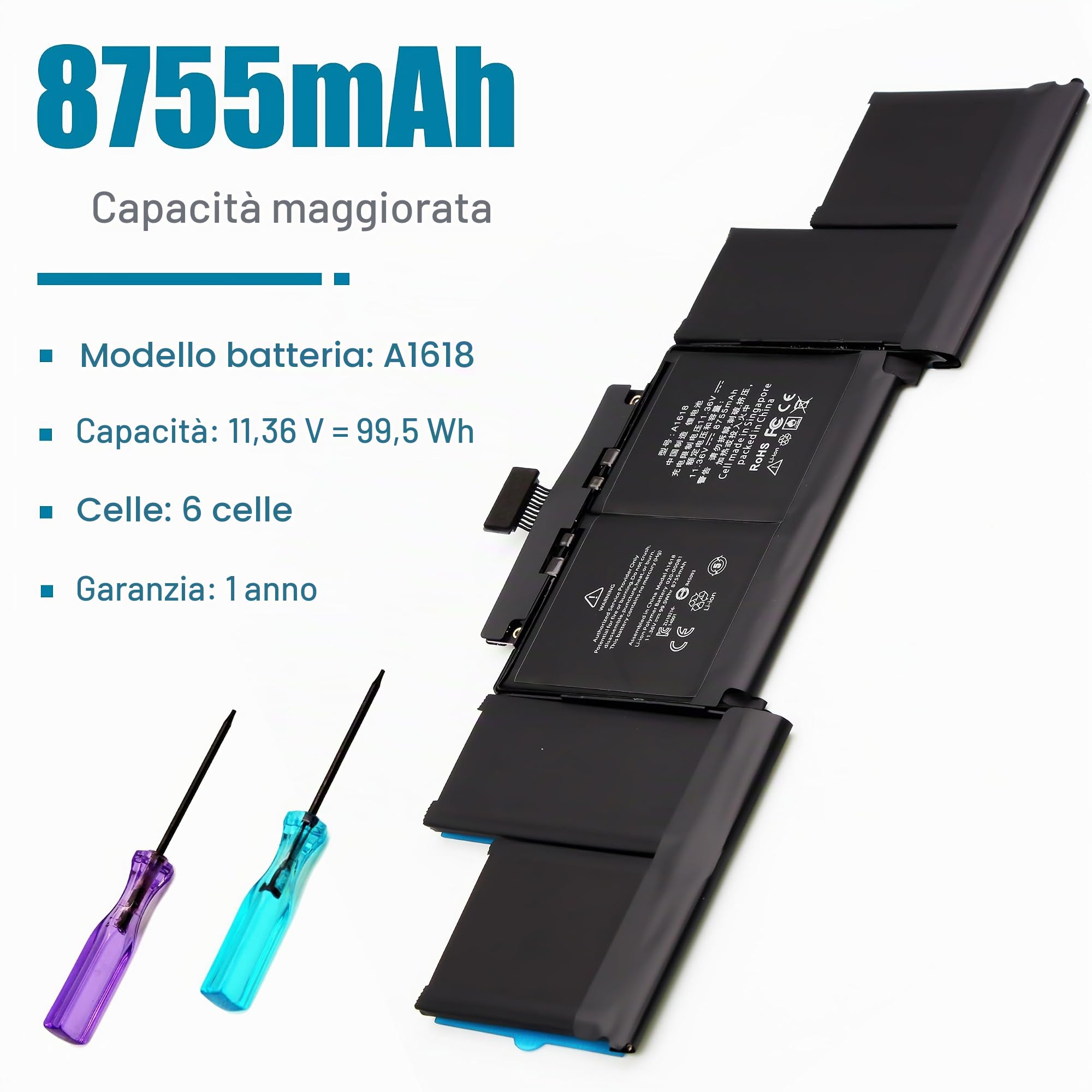 BLESYS A1618 Batteria di ricambio per MacBook Pro 15" Retina A1398 (Fine 2013 Metà 2014 2015) Serie Notebook Battery Adatto A1494 [11.36V 8755mAh/99.5Wh]
