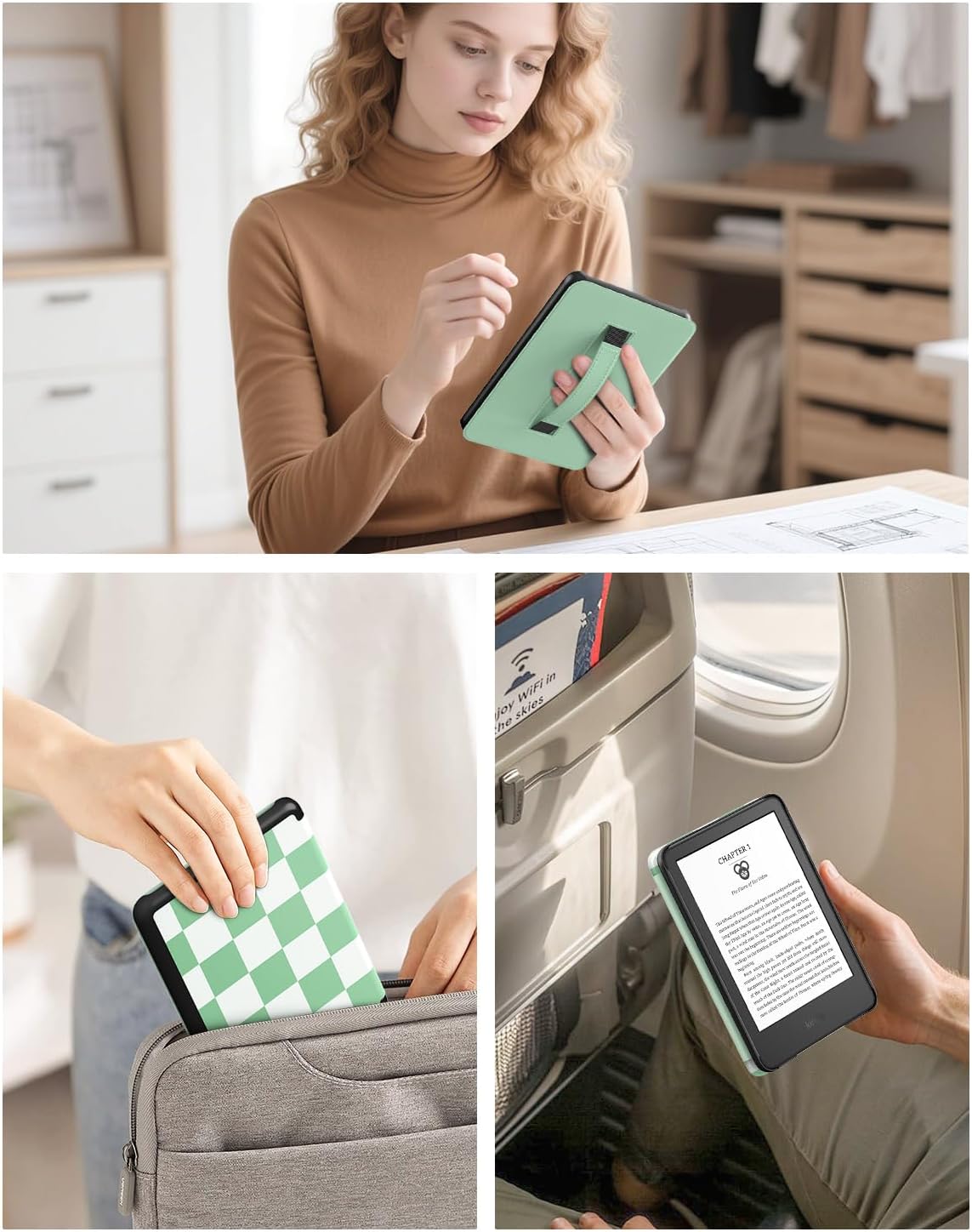 MoKo Case for 6" Ebook Reader(11th Gen 2024/2022 Release), Lightweight Shell Cover with Hand Strap Auto Wake/Sleep for Ebook Reader, NOT for TCL Remarkable Kobo, Green Checkered