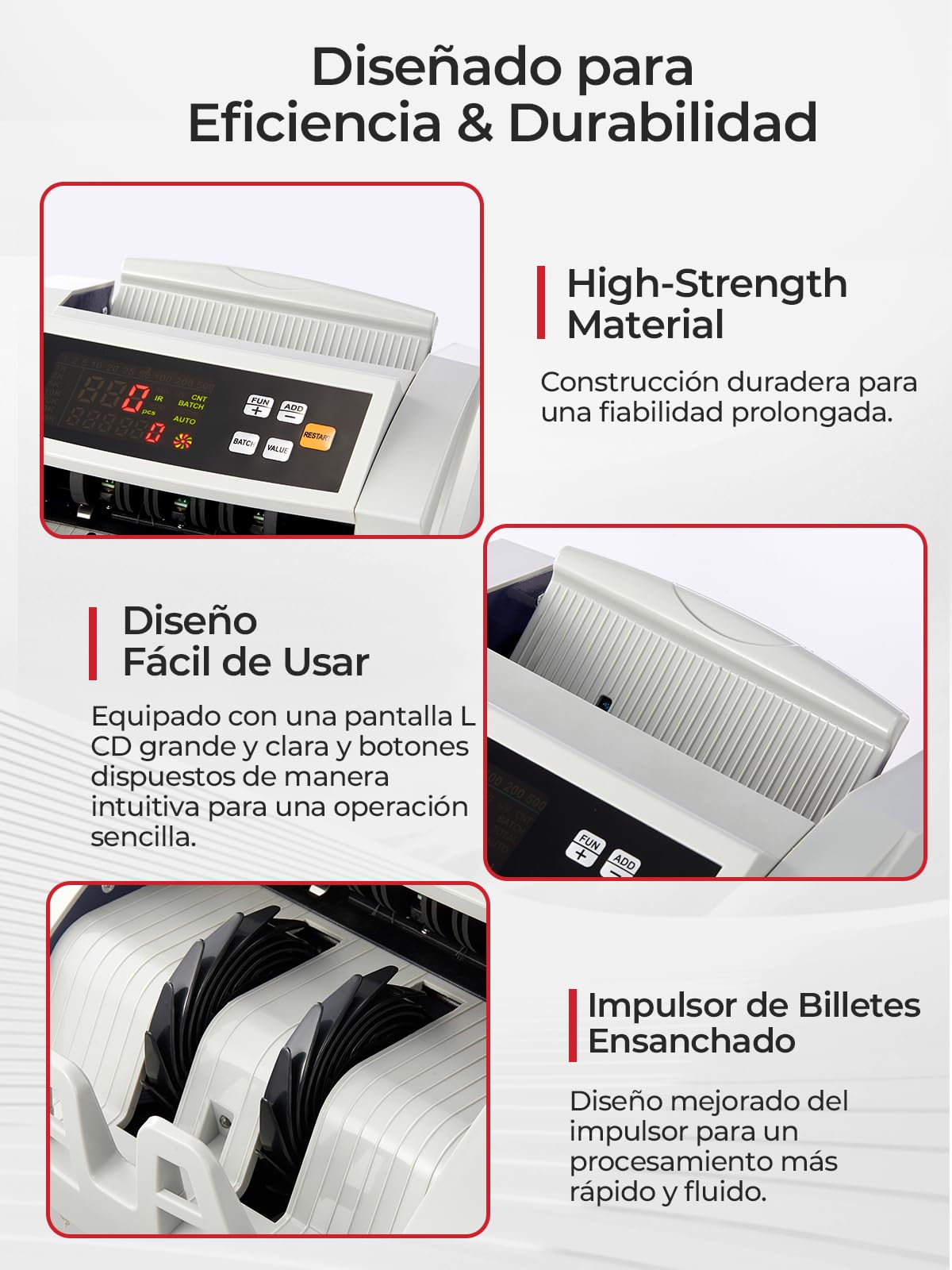 Contador de Billetes FOHERE, Maquina contar Billetes Profesional con Detección de Falsificación UV/MG/IR/DD, 1100 Billetes/Minuto, Pantalla LCD, Modos Valor y Lote para Tiendas, Bancos y Restaurantes