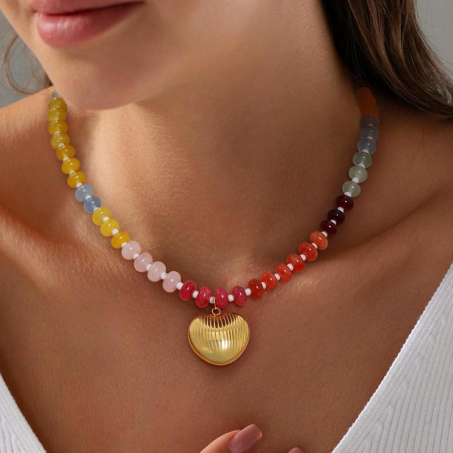 Colorful Boho Beaded Necklace for Women, Multilayer Gemstone Choker Jewelry, 18K Gold Plated Natural Stone Beach Surfer Necklace - Image 2
