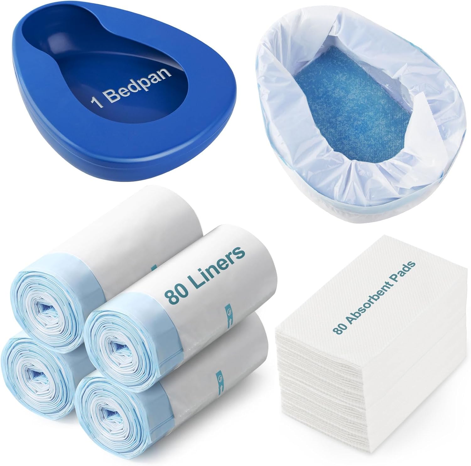 Bedpan Set with 80 Super Absorbent Pads and 80 Disposable Liners - These bedpans are Comfortable for Both Women and Men and are Made of Thick, Oversized, Heavy-Duty PP Material
