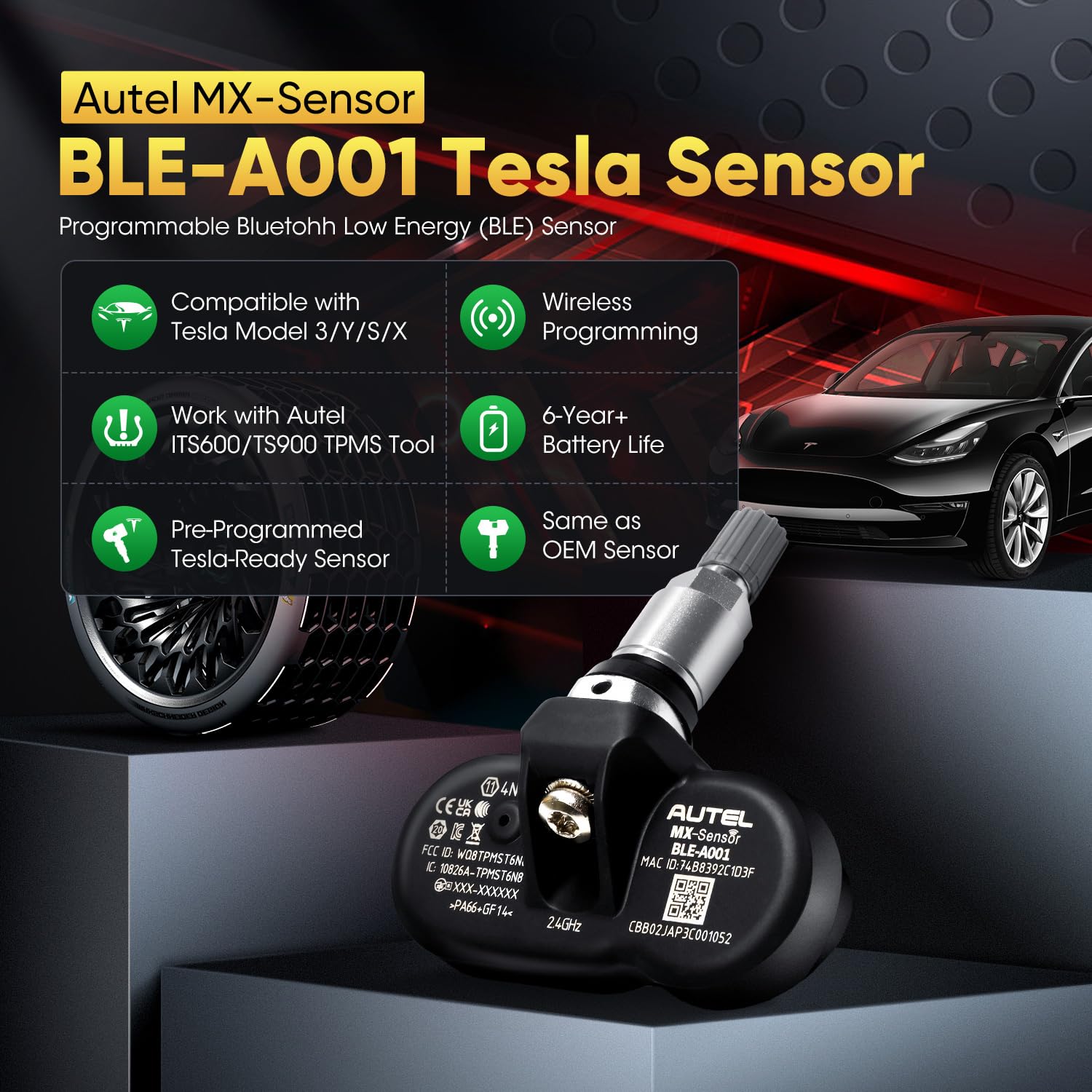 Autel Tesla Pre-Programmed Sensor 2025, 2.4GHz Bluetooth Low Energy Probe for Tesla 3/ Y/S/X 2021-2024, BLE-A001 MX-Sensor TPMS, Tire Pressure Monitor, Work with ITS600/ TS900 (1 Pack, Metal)