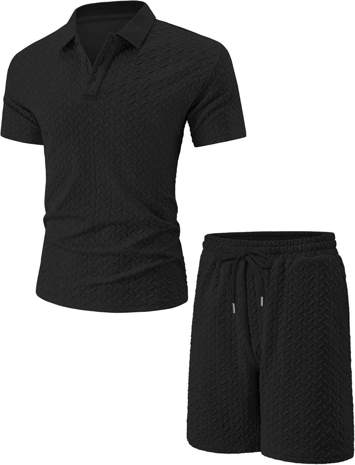 UOUA Mens Summer Outfits 2 Piece Textured Set for Beach Vocation Short Sleeve Golf Polo Shirt and Shorts - Image 5