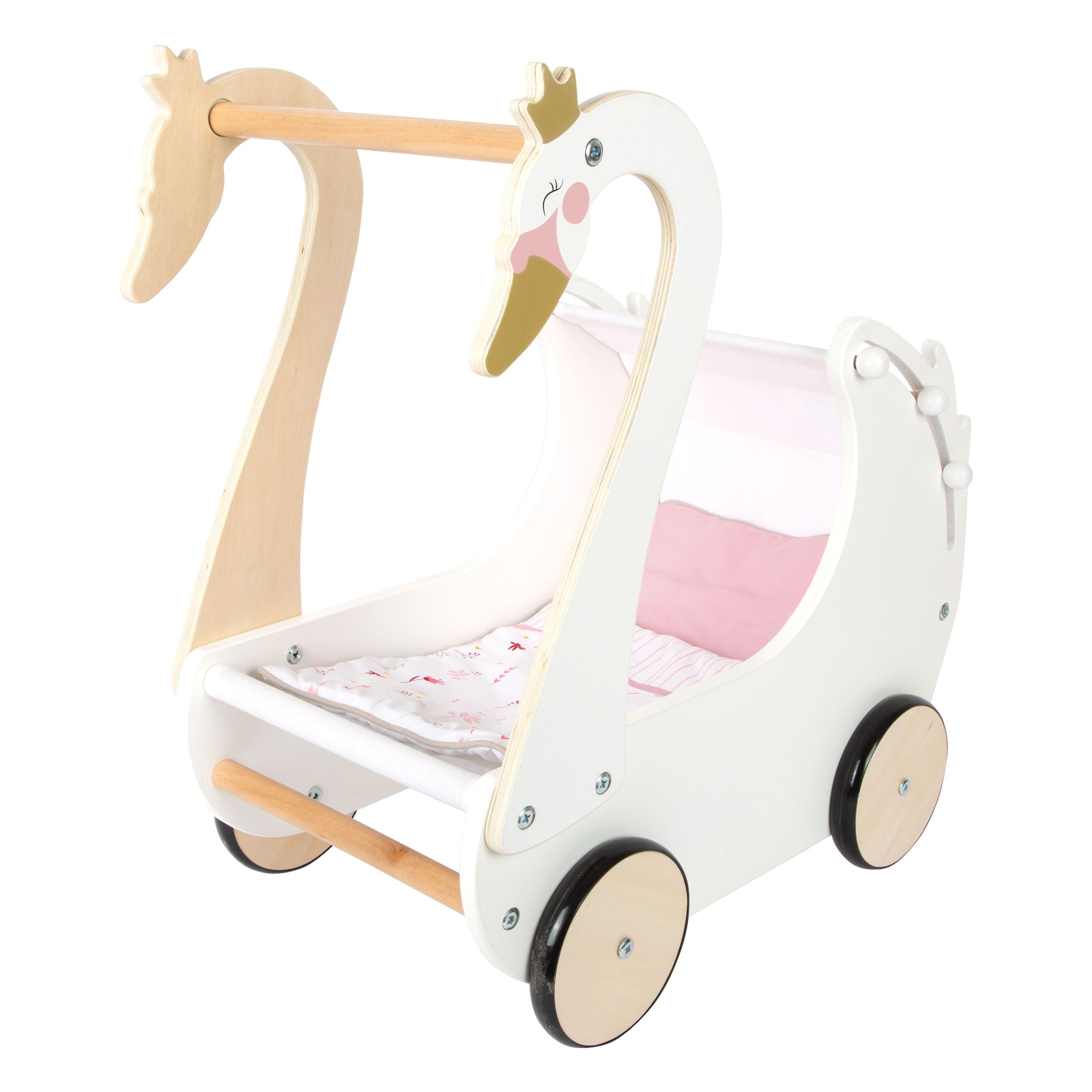 Small Foot Poussette Cygne en Bois, avec literie réversible, pour poupées et Animaux en Peluche jusqu'à 46 cm, Art. 12283