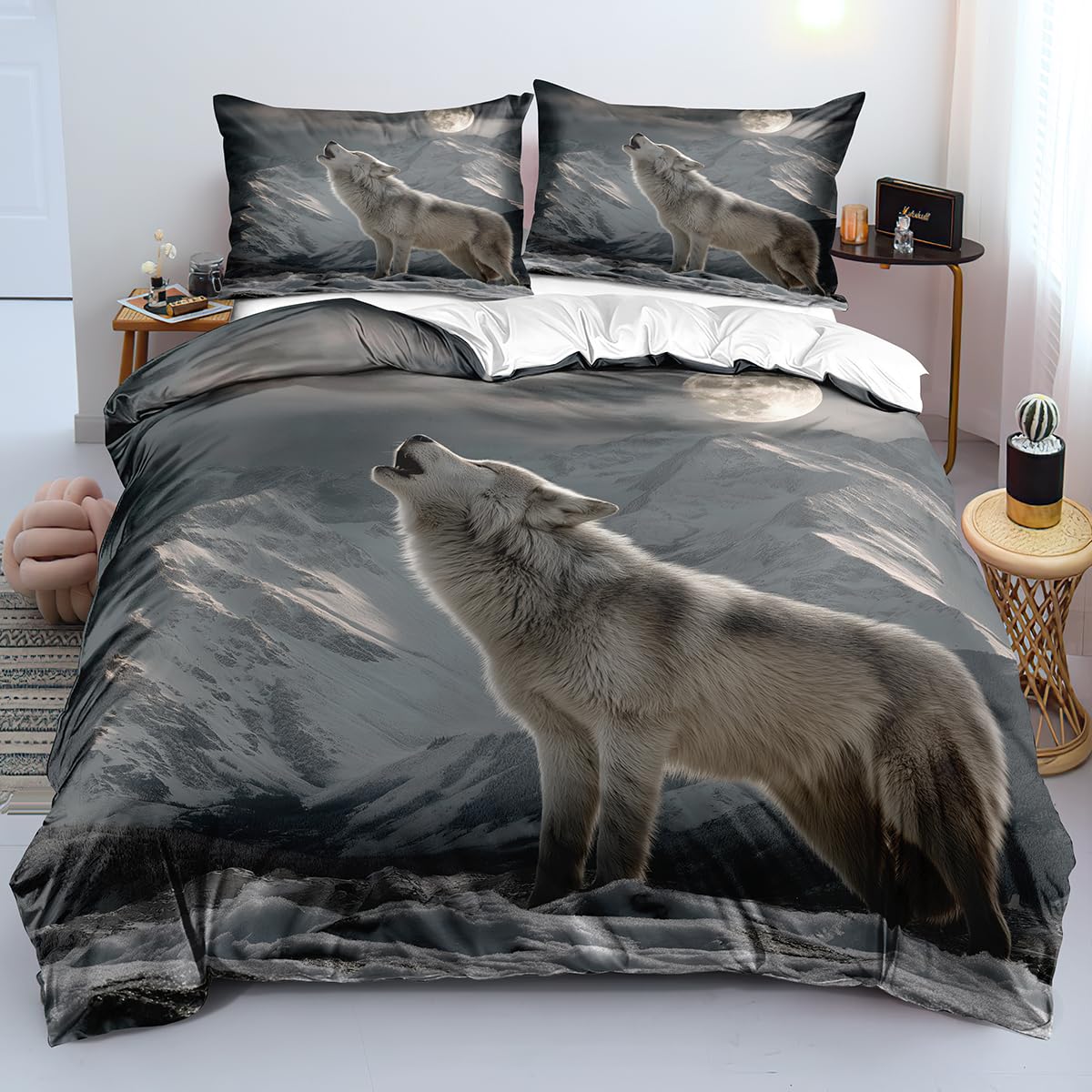 Housse de couette 240x220 motif loup et lune avec parure de lit 3 pièces grise