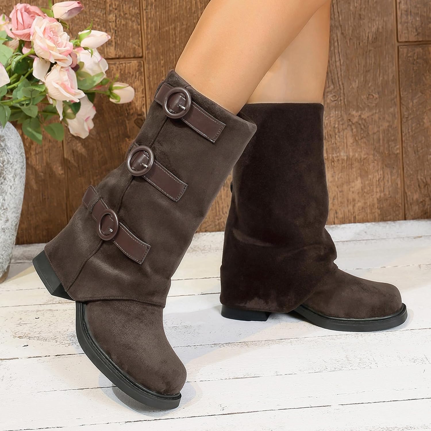 Wide Calf Fold over Knee High Boots for Women:Fashion Slouch Chunky Goth Platform Booties Square Toe Platform Riding Boot Footwear Shoes