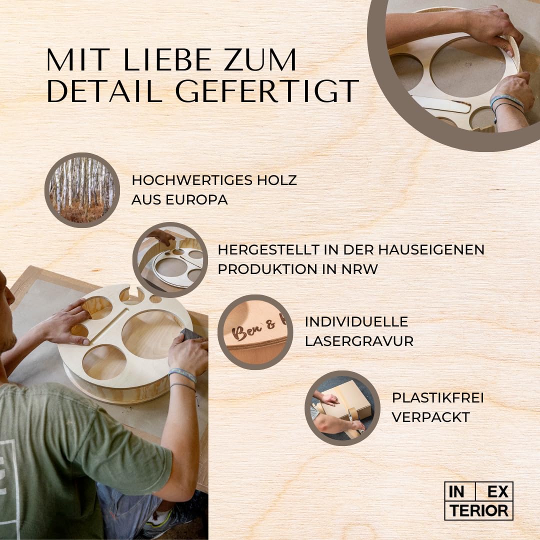 INEXTERIOR – Couchbar RundumBar handgefertigt aus Holz in Schwarz mit Wunschgravur – Runde Snack Box mit Zwei Snackschalen, Handy-, Flaschen- & Getränkehalter - Couchbutler Couchorganizer Tablett
