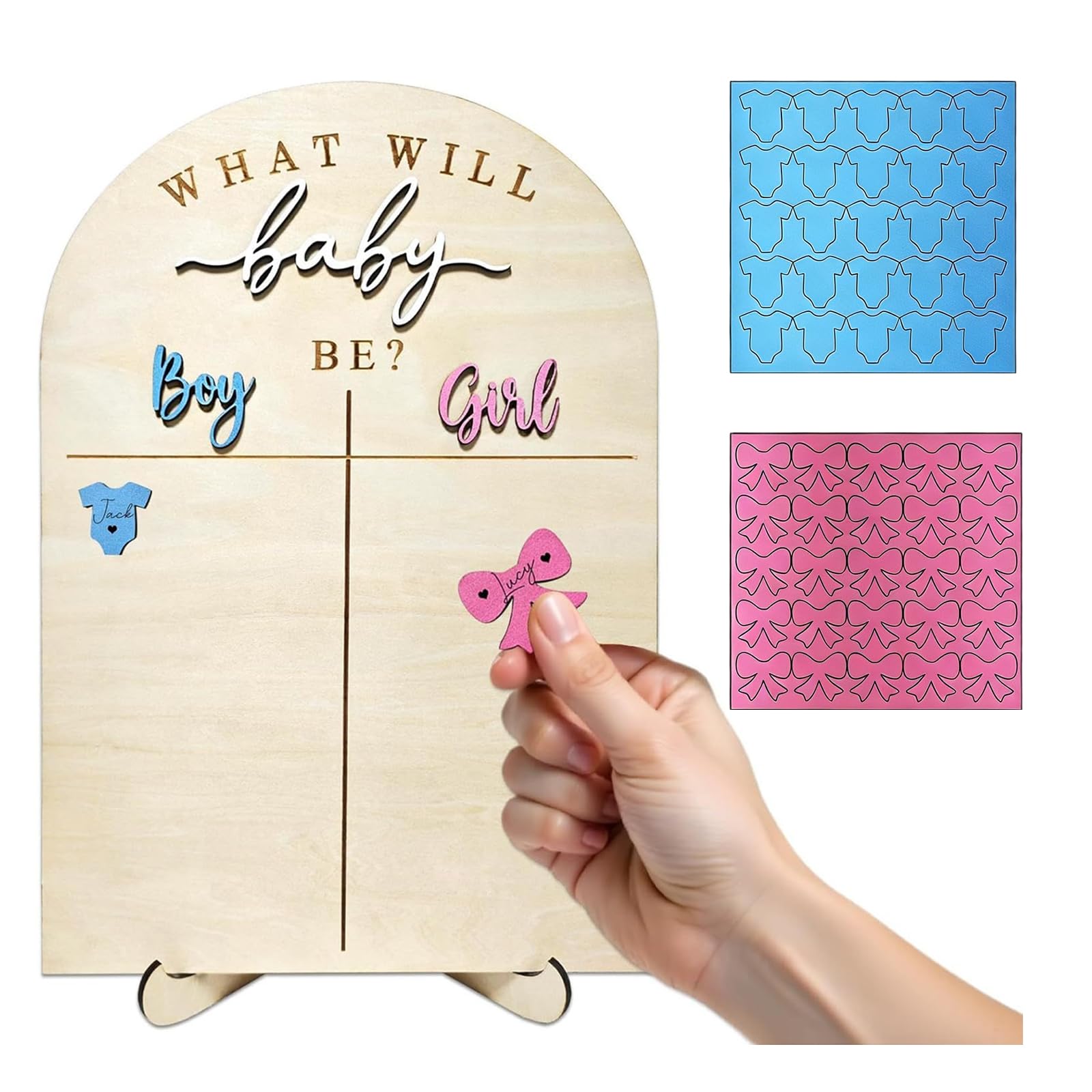 Set da gioco "Genders Reveal", lavagna con adesivi di votazione, decorazioni in legno per baby gender reveal, set di accessori per feste