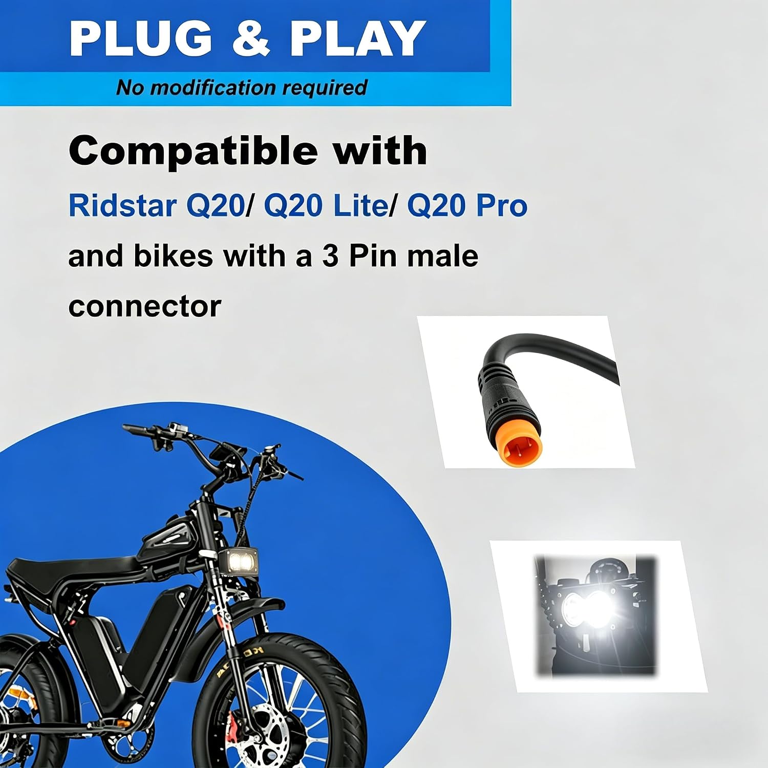 LED Headlight for Ridstar Q20 Ebike, 20W 6000K Super Bright Baja Style Light, Waterproof 3 Pin Plug & Play IP68 Headlamp with Mount Bracket, 2000LM High Beam for Night Riding Ebike, Motorcycle, ATV