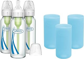Dr. Brown's Natural Flow Anti-Colic Options+ Narrow Glass Baby Bottles 8 oz/250 mL, with Level 1 Slow Flow Nipple, 3 Pack 0m+ with Blue 100% Silicone Sleeves, BPA-Free