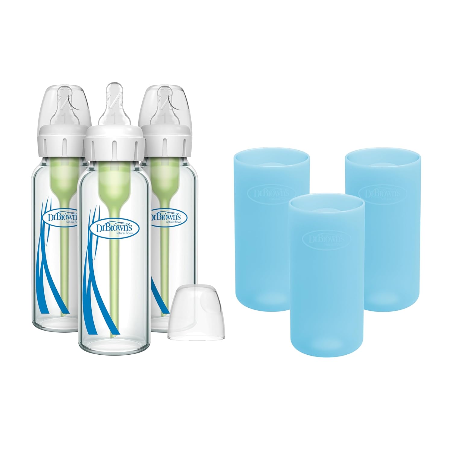 Dr. Brown’s Natural Flow Anti-Colic Options+ Narrow Glass Baby Bottles 8 oz/250 mL, with Level 1 Slow Flow Nipple, 3 Pack 0m+ with Blue 100% Silicone Sleeves, BPA-Free