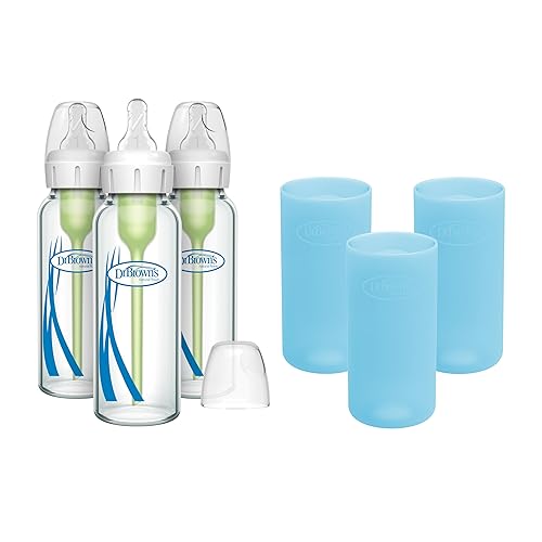 Miniatura 12 de Dr. Brown's Anti-Colic Options+ - Biberones de vidrio estrecho de 4 onzas, con boquilla de flujo lento de nivel 1, paquete de 3 0.0 ft+ con fundas