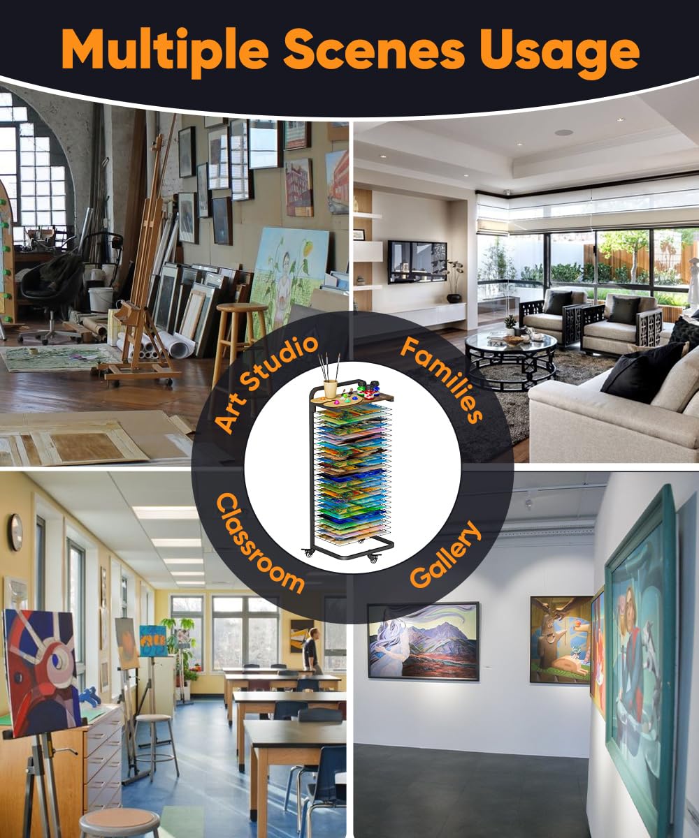 mocomax Estante de secado de arte con tablero superior, soporte móvil de secado de pintura con 25 estantes extraíbles, estante de almacenamiento funcional de lona con ruedas bloqueables para aulas y