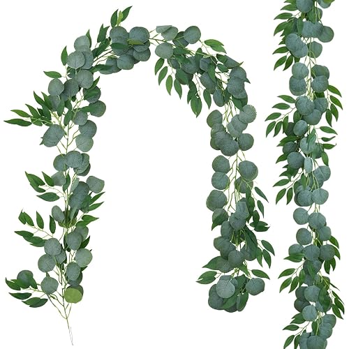 GREENTIME 2 Pack 6.5Ft Greenery Garlands Fake Eucalyptus Vines with Willow Leaves for Rustic Wedding Arch Swag Doorways Table Staircase Fireplace Chair Home Party Decoration